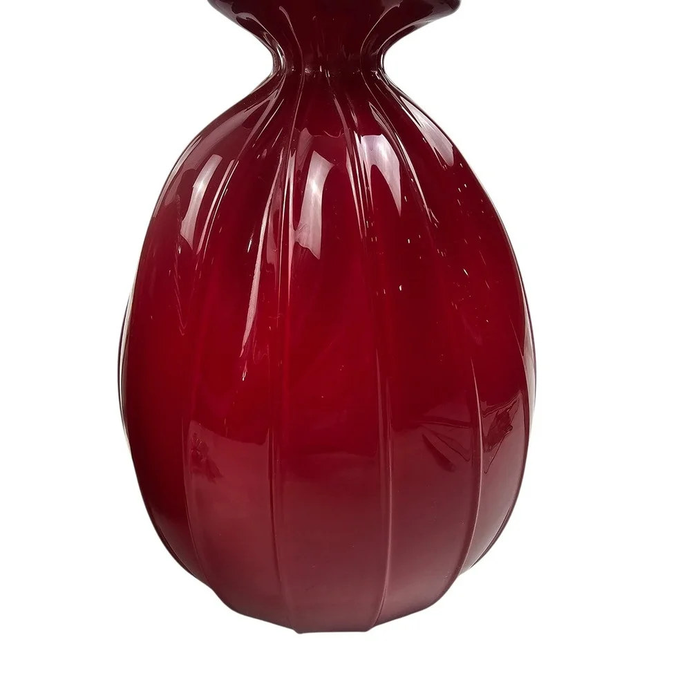 Vtg Pilgrim Glass Red Cased Glass Ribbed Sack Vase Ruffled Handkerchief Rim